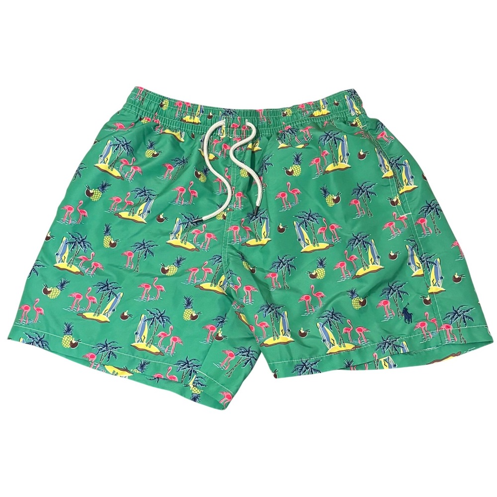 Polo Ralph Lauren Mens Green Flamingo Tropical Print Swim Trunks‎ Shorts Large
